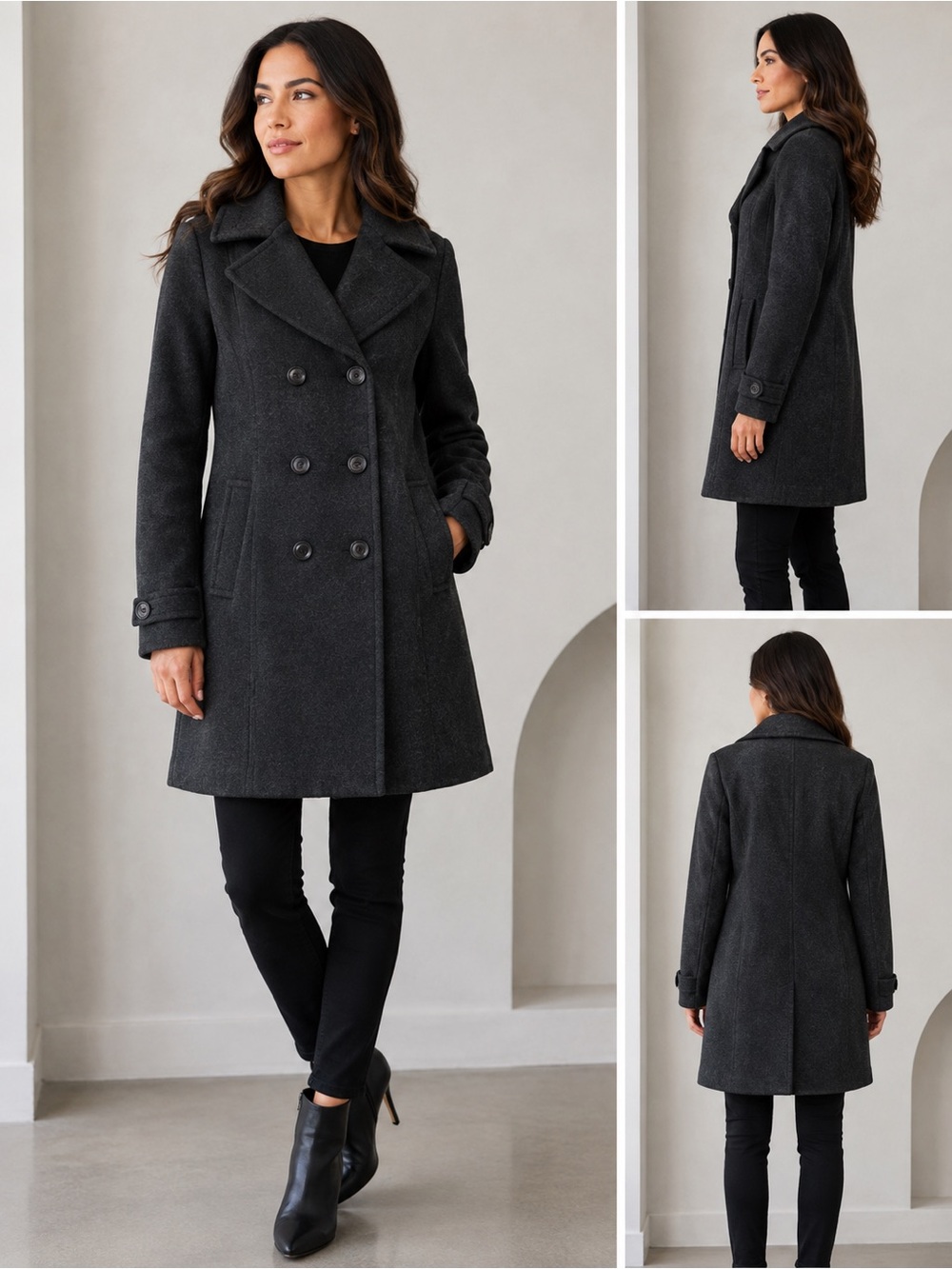 SACHI Charcoal Double-Breasted Pea Coat